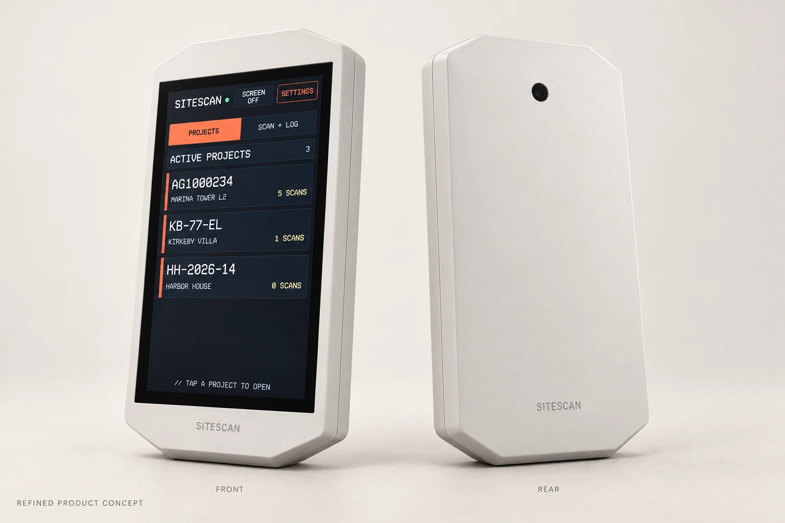 Front and rear views of a refined SITESCAN product concept with an integrated rear camera.