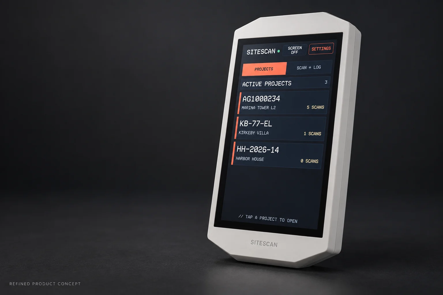 Refined SITESCAN field-unit concept with a white enclosure and black touchscreen, on a dark studio background.